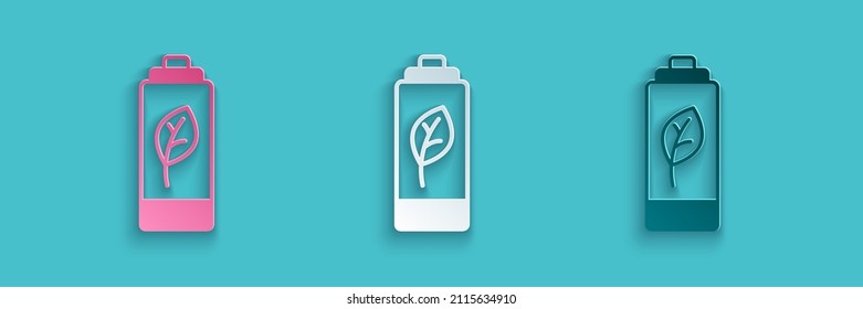 Paper cut Eco nature leaf and battery icon isolated on blue background. Energy based on ecology saving concept. Paper art style. Vector