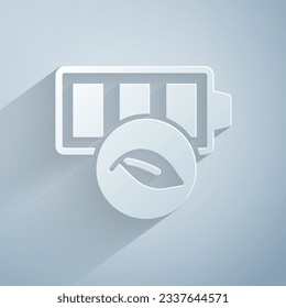Paper cut Eco nature leaf and battery icon isolated on grey background. Energy based on ecology saving concept. Paper art style. Vector