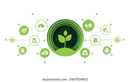 Paper cut of eco technology or environmental technology concept modern green city and plant leaf growing inside.  Eco-friendly urban lifestyle with icons over the network connection. vector design.