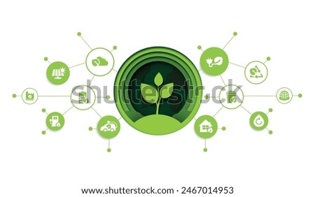 Paper cut of eco technology or environmental technology concept modern green city and plant leaf growing inside.  Eco-friendly urban lifestyle with icons over the network connection. vector design.