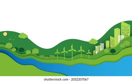 Paper cut of ecology and environment conservation creative idea concept. green eco urban city, nature and world. vector design.