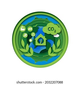 Recorte de papel del concepto de idea creativa de la ecología y la conservación del medio ambiente. ecologista verde ciudad urbana, naturaleza y mundo. diseño vectorial.