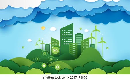 Paper cut of ecology and environment conservation creative idea concept. green eco urban city and nature landscape background paper art style. vector design.