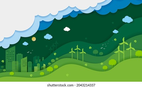 Paper cut of ecology and environment conservation creative idea concept. green eco urban city and nature landscape background paper art style. vector design.