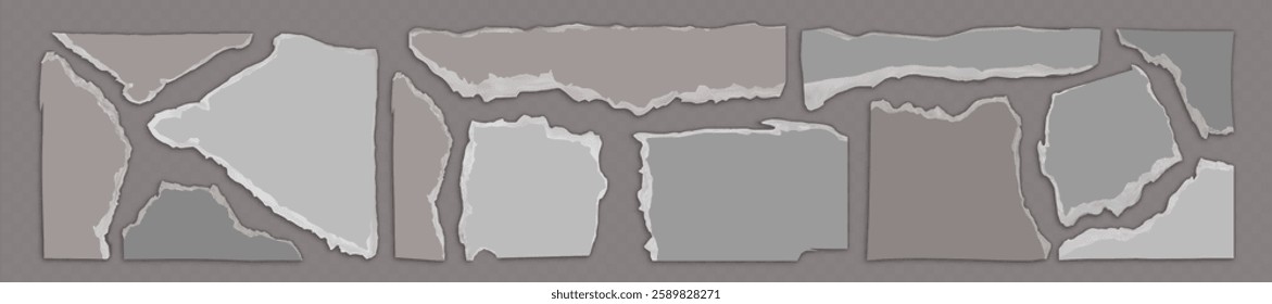 Paper cut edges set with torn irregular shapes in gray shades. Ripped rectangular fragments with layered textured borders. Collection of realistic old distressed ragged pieces with uneven boundaries.