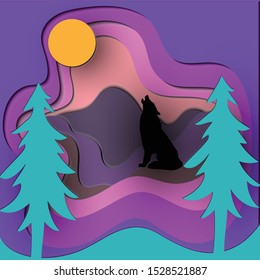 paper cut effect illustration of background scenery, wolves, moon, and fir trees. gradation color