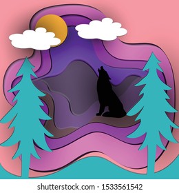 paper cut effect illustration of background scenery, wolves, moon, and fir trees. gradation color light