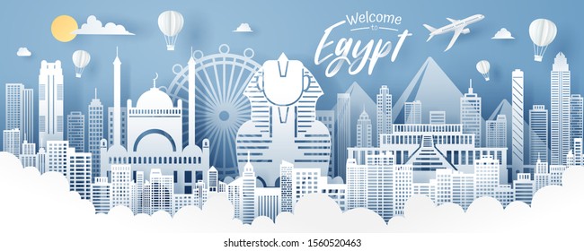 Paper cut of Egypt landmark, travel and tourism concept, eps 10 vector.