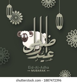 Paper Cut Eid-Al-Adha Mubarak Calligraphy in Arabic Language with Cartoon Sheep, Mandala and Hanging Lanterns Decorated on Green Background.