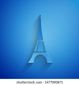 Paper cut Eiffel tower icon isolated on blue background. France Paris landmark symbol. Paper art style. Vector Illustration