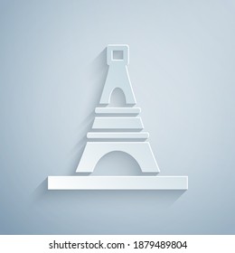 Paper cut Eiffel tower icon isolated on grey background. France Paris landmark symbol. Paper art style. Vector.