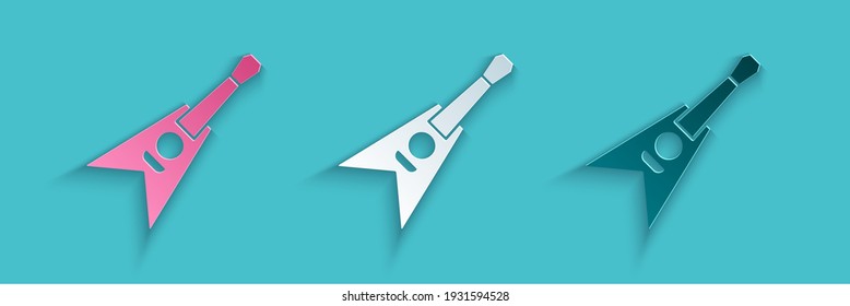 Paper cut Electric bass guitar icon isolated on blue background. Paper art style. Vector