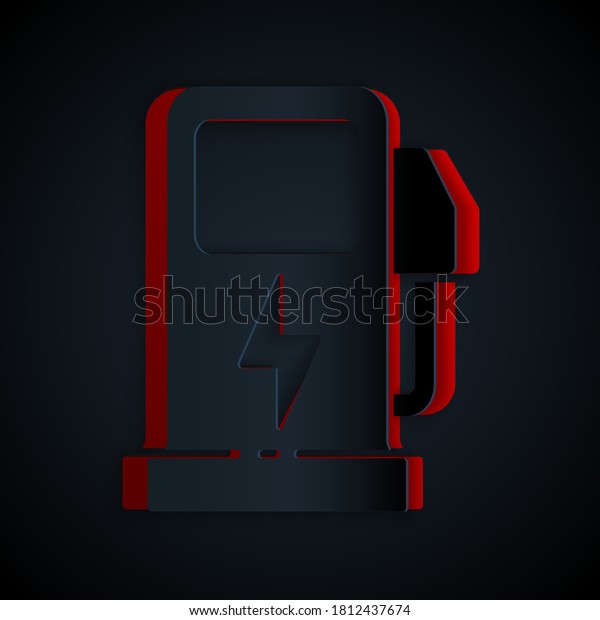 Paper cut Electric car charging station icon\
isolated on black background. Eco electric fuel pump sign. Paper\
art style. Vector.