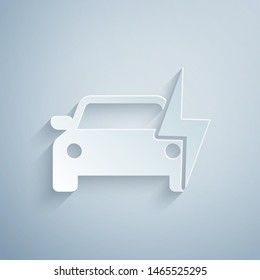 Paper cut Electric car and electrical cable plug charging icon isolated on grey background. Renewable eco technologies. Paper art style. Vector Illustration