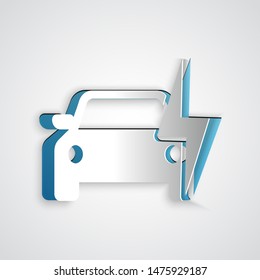 Paper cut Electric car and electrical cable plug charging icon isolated on grey background. Renewable eco technologies. Paper art style. Vector Illustration