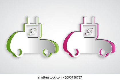 Paper cut Electric car and electrical cable plug charging icon isolated on grey background. Renewable eco technologies. Paper art style. Vector