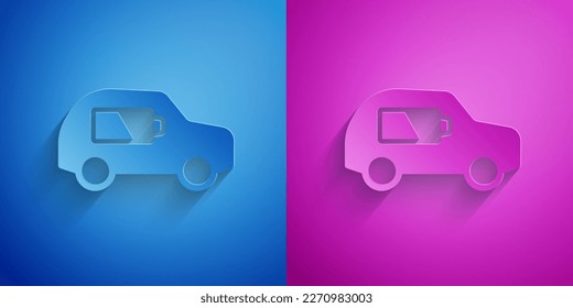Paper cut Electric car and electrical cable plug charging icon isolated on blue and purple background. Renewable eco technologies. Paper art style. Vector