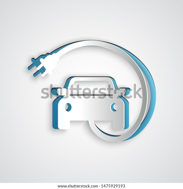 Paper cut Electric car and electrical\
cable plug charging icon isolated on grey background. Renewable eco\
technologies. Paper art style. Vector\
Illustration
