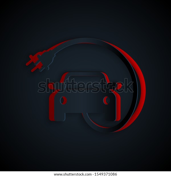 Paper cut Electric car and electrical\
cable plug charging icon isolated on black background. Renewable\
eco technologies. Paper art style. Vector\
Illustration