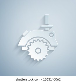 Paper cut Electric circular saw with steel toothed disc icon isolated on grey background. Electric hand tool for cutting wood or metal. Paper art style. Vector Illustration