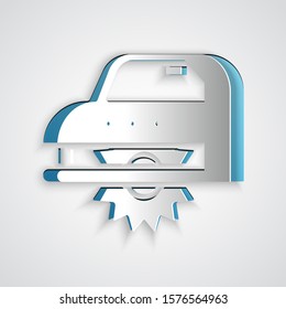 Paper cut Electric circular saw with steel toothed disc icon isolated on grey background. Electric hand tool for cutting wood or metal. Paper art style. Vector Illustration