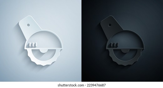 Paper cut Electric circular saw with steel toothed disc icon isolated on grey and black background. Electric hand tool for cutting wood or metal. Paper art style. Vector