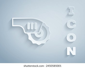 Paper cut Electric circular saw with steel toothed disc icon isolated on grey background. Electric hand tool for cutting wood or metal. Paper art style. Vector