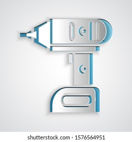 Paper cut Electric cordless screwdriver icon isolated on grey background. Electric drill machine. Repair tool. Paper art style. Vector Illustration