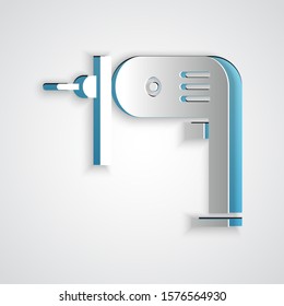Paper cut Electric drill machine icon isolated on grey background. Repair tool. Paper art style. Vector Illustration