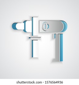 Paper cut Electric drill machine icon isolated on grey background. Repair tool. Paper art style. Vector Illustration