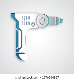 Paper cut Electric drill machine icon isolated on grey background. Repair tool. Paper art style. Vector Illustration