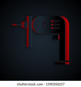 Paper cut Electric drill machine icon isolated on black background. Repair tool. Paper art style. Vector Illustration