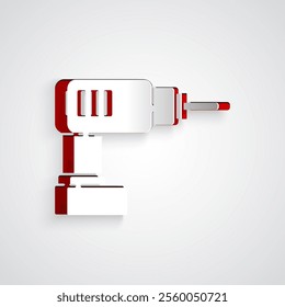 Paper cut Electric drill machine icon isolated on grey background. Repair tool. Paper art style. Vector Illustration