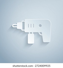 Papierschnitt Symbol einer elektrischen Bohrmaschine einzeln auf grauem Hintergrund. Reparaturwerkzeug. Papierkunststil. Vektorgrafik