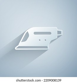 Paper cut Electric iron icon isolated on grey background. Steam iron. Paper art style. Vector