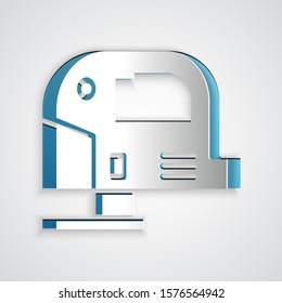 Paper cut Electric jigsaw with steel sharp blade icon isolated on grey background. Power tool for woodwork. Paper art style. Vector Illustration