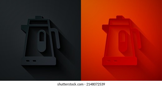 Paper cut Electric kettle icon isolated on black and red background. Teapot icon. Paper art style. Vector