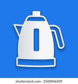 Paper cut Electric kettle icon isolated on blue background. Teapot icon. Paper art style. Vector