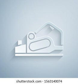 Paper cut Electric planer tool icon isolated on grey background. Paper art style. Vector Illustration