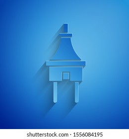 Paper cut Electric plug icon isolated on blue background. Concept of connection and disconnection of the electricity. Paper art style. Vector Illustration