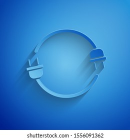 Paper cut Electric plug icon isolated on blue background. Concept of connection and disconnection of the electricity. Paper art style. Vector Illustration