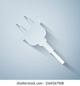 Paper cut Electric plug icon isolated on grey background. Concept of connection and disconnection of the electricity. Paper art style. Vector Illustration