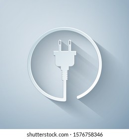 Paper cut Electric plug icon isolated on grey background. Concept of connection and disconnection of the electricity. Paper art style. Vector Illustration
