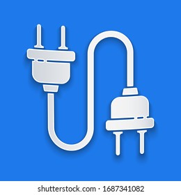 Paper cut Electric plug icon isolated on blue background. Concept of connection and disconnection of the electricity. Paper art style. Vector Illustration