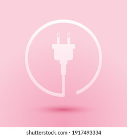 Corte de papel Icono de enchufe eléctrico aislado en fondo rosado. Concepto de conexión y desconexión de la electricidad. Estilo de arte de papel. Vector.