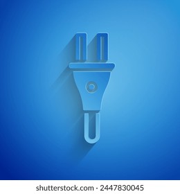 Icono de enchufe eléctrico aislado sobre fondo azul. Concepto de conexión y desconexión de la electricidad. Estilo de arte de papel. Vector