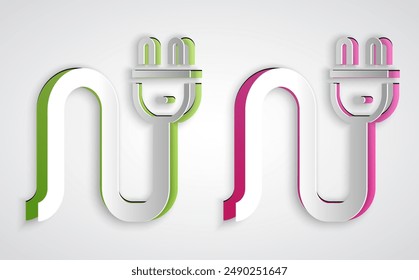 Paper cut Electric plug icon isolated on grey background. Concept of connection and disconnection of the electricity. Paper art style. Vector
