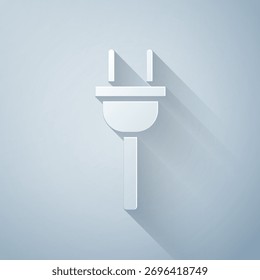 Corte de papel Ícone de plugue elétrico isolado no fundo cinza. Conceito de ligação e corte da eletricidade. Estilo da arte do papel. Ilustração de vetor