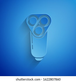 Paper cut Electric razor blade for men icon isolated on blue background. Electric shaver. Paper art style. Vector Illustration