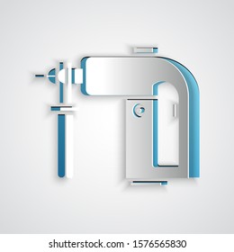 Paper cut Electric rotary hammer drill machine icon isolated on grey background. Working tool for construction, finishing, repair work. Paper art style. Vector Illustration